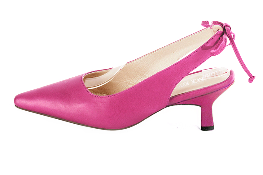 French elegance and refinement for these fuschia pink dress slingback shoes, 
                available in many subtle leather and colour combinations. This beautiful enveloping pump will fit your foot without binding it
Its rear lacing will allow you to adjust it to your liking.
To be declined according to your choice of materials and colors.  
                Matching clutches for parties, ceremonies and weddings.   
                You can customize these shoes to perfectly match your tastes or needs, and have a unique model.  
                Choice of leathers, colours, knots and heels. 
                Wide range of materials and shades carefully chosen.  
                Rich collection of flat, low, mid and high heels.  
                Small and large shoe sizes - Florence KOOIJMAN